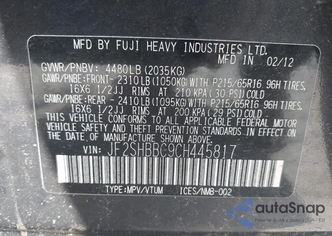 2012 Subaru Forester 2.5X from USA, damaged, VIN JF2SHBBC9CH445817